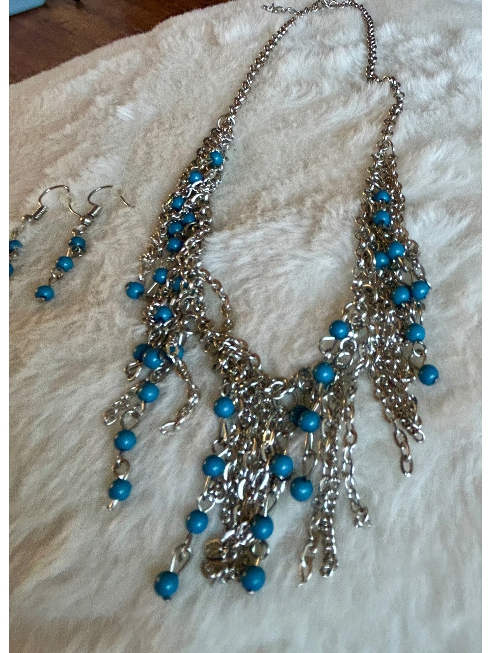 Silver Chain Necklace and Earrings Set with Blue Beads